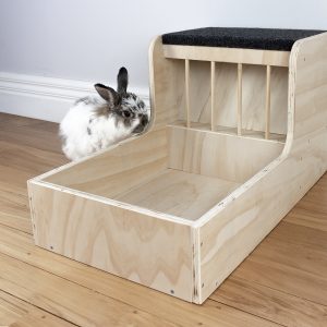 Standard hay feeder and single litter tray combo with rabbit looking in from the side